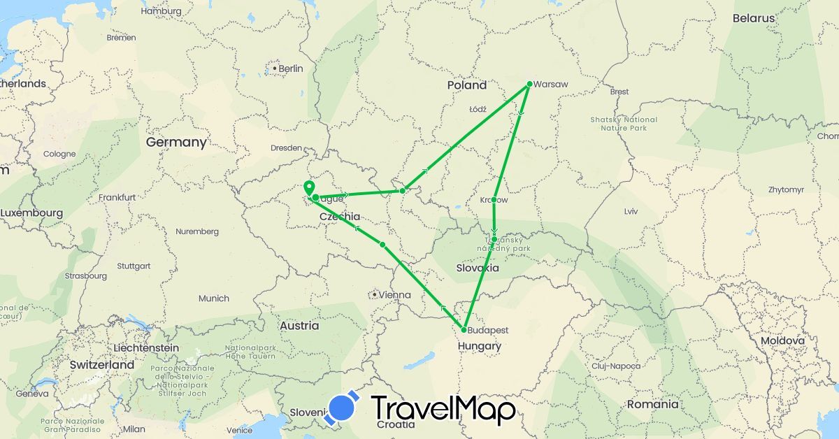 TravelMap itinerary: driving, bus in Czech Republic, Hungary, Poland (Europe)